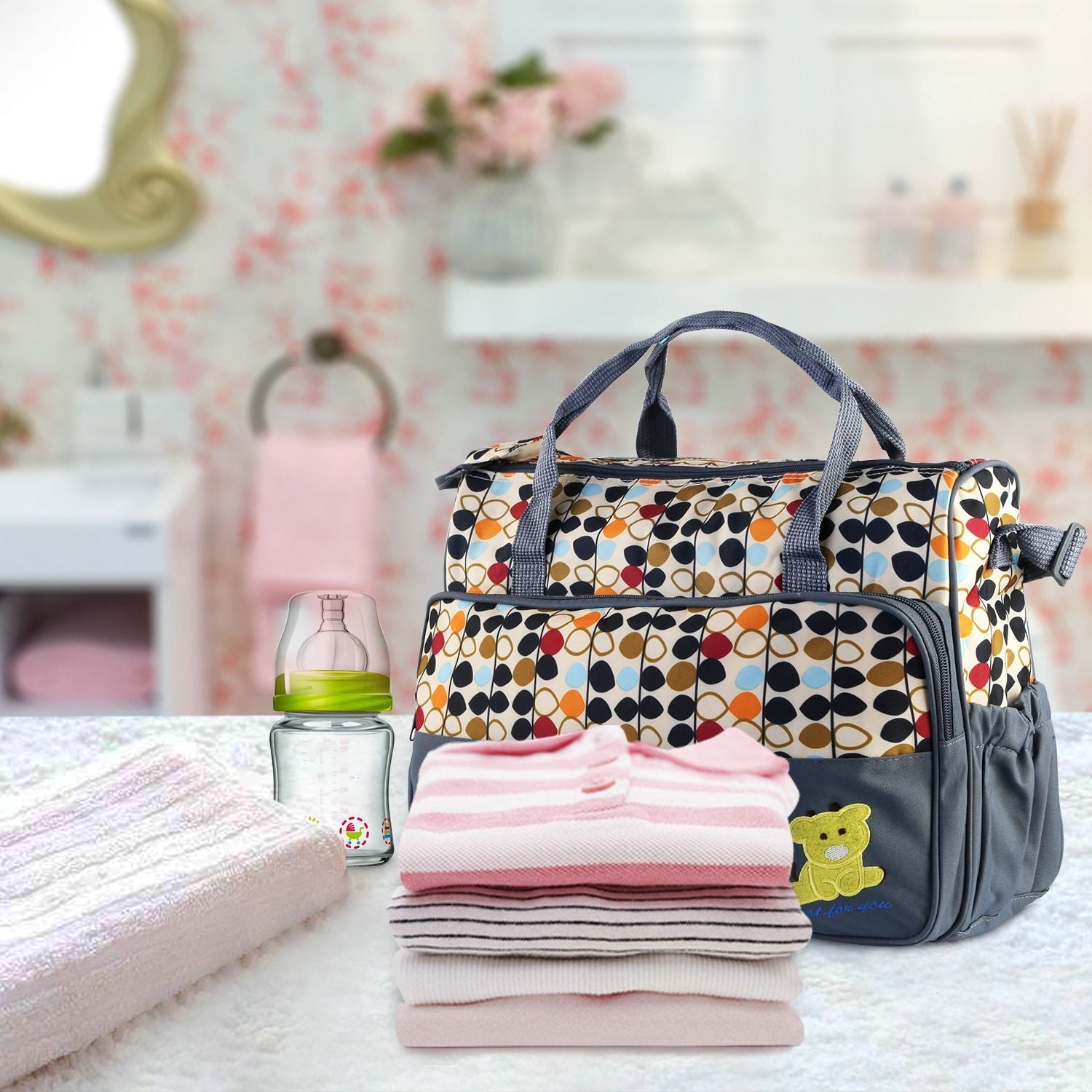 5PCS Baby Nappy Diaper Bags Set Mummy Diaper Shoulder Bags w/ Nappy Changing Pad Insulated Pockets Travel Tote Bags - Discount Msrp 