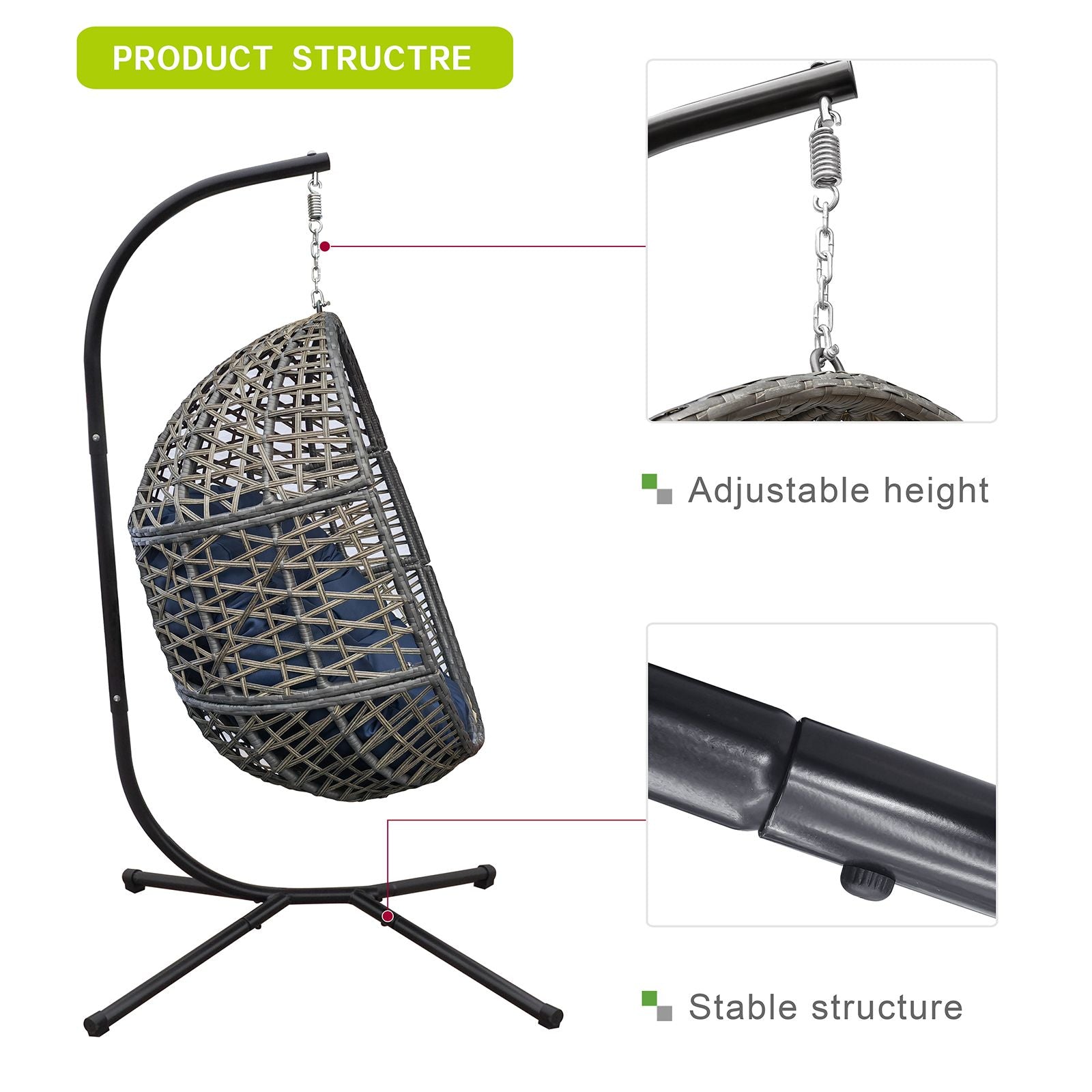 Wicker Hanging Swing Chair; Rattan Hanging Egg Chair with Durable Stand and Waterproof Cushion for Outdoor Garden or Indoor Living Room - Discount Msrp 