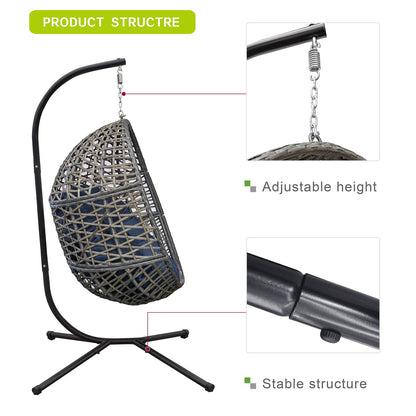 Wicker Hanging Swing Chair; Rattan Hanging Egg Chair with Durable Stand and Waterproof Cushion for Outdoor Garden or Indoor Living Room - Discount Msrp 