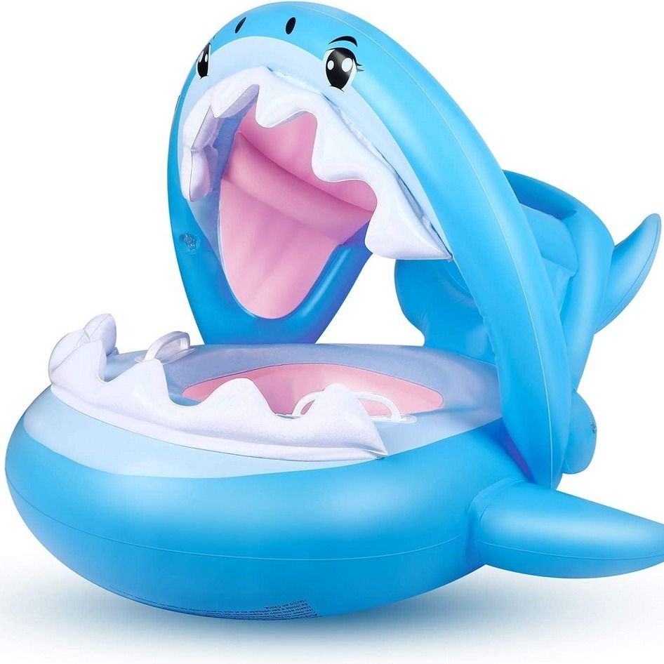 Inflatable Swim Rings For Kids With Sun Shade Poncho; Swim Rings For Infants And Toddlers; Foldable Shark Swim Seat Rings - Discount Msrp 