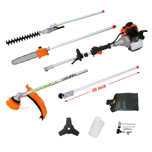 5 in 1 Multi-Functional Trimming Tool, 56CC 2-Cycle Garden Tool System with Gas Pole Saw, Hedge Trimmer, Grass Trimmer, and Brush Cutter EPA Compliant - Discount Msrp 