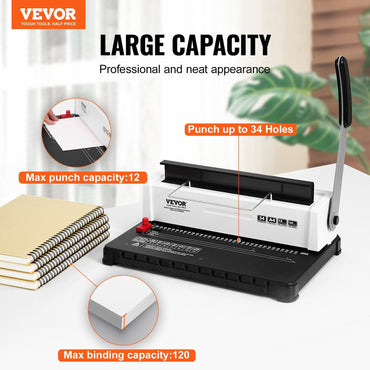 VEVOR Coil Spiral Binding Machine, Manual Book Maker 34-Holes Binding 120 Sheets, Punch Binder with 100pcs 5/16'' Coil Binding Spines, Adjustable Side Margin, for Letter Size, A4, A5 - Discount Msrp 