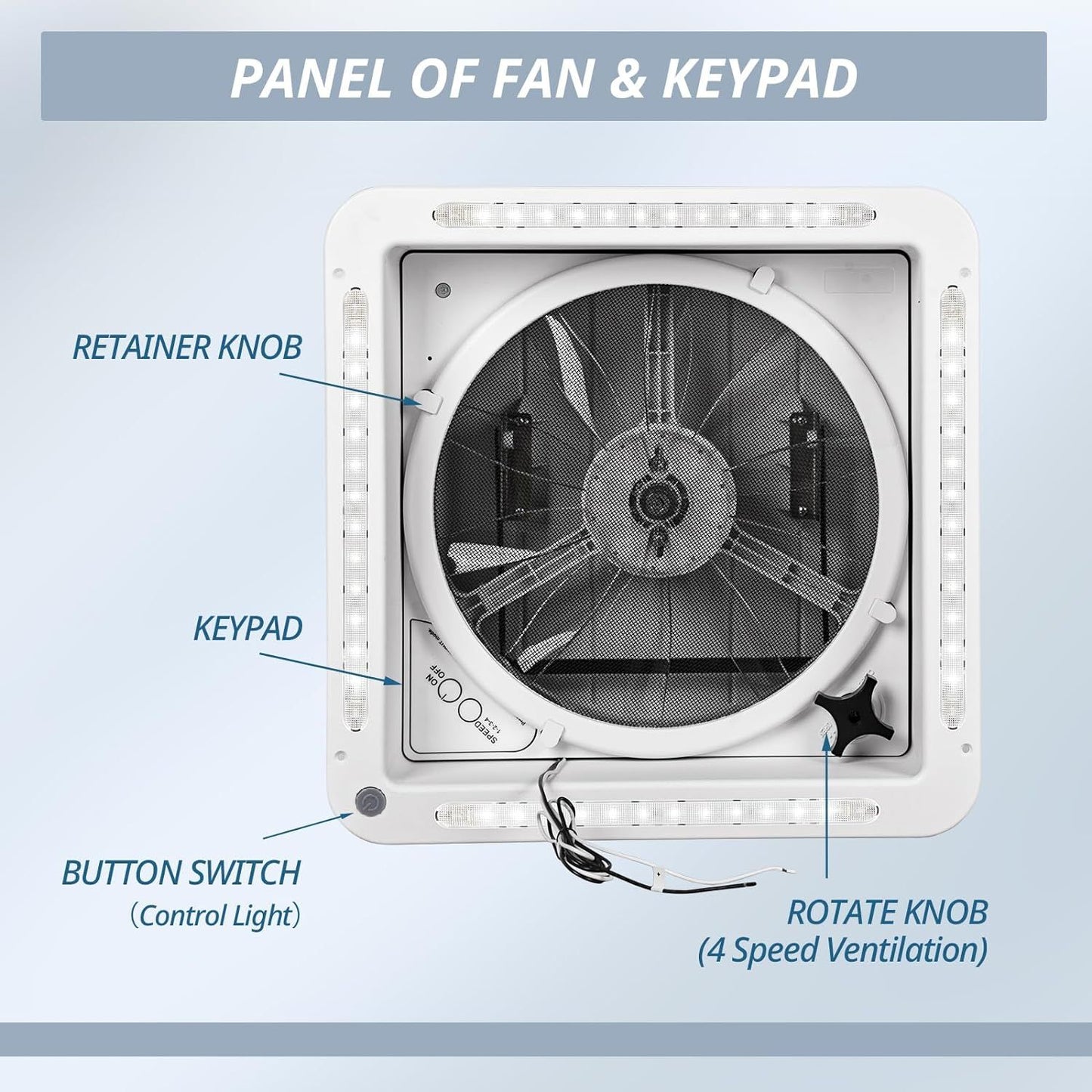 RV Roof Vent Fan 14" with LED Light,4 Speed Reversible 12V RV Exhaust Fan Low Noise,UV Protection,Manual Open for Camper,Travel,Cargo Trailer - Discount Msrp 