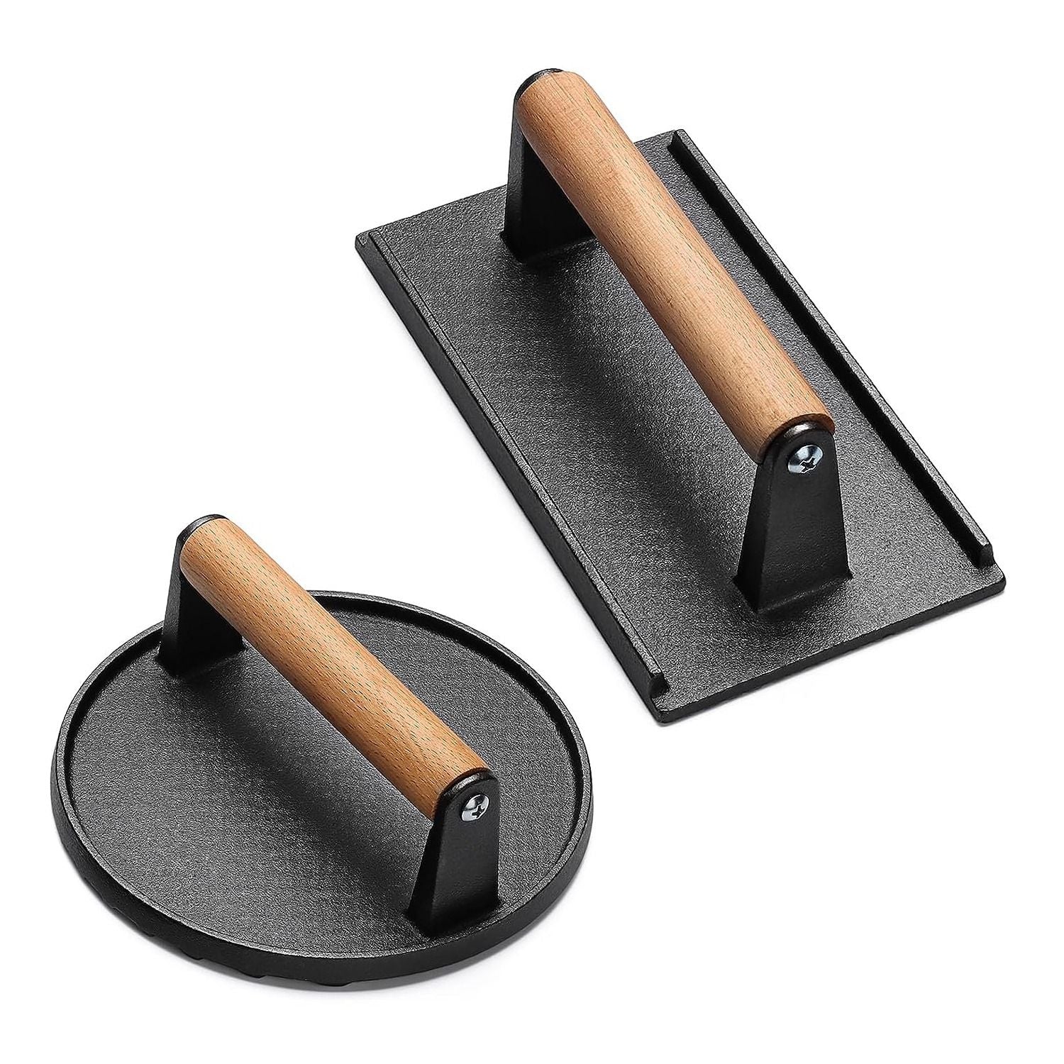 2Pcs Cast Iron Grill Press Pre-Seasoned Steak Weights Smash Burger Press Bacon Meat Smasher with Wood Handle 7in Round & 8.2x4.25in Rectangular Grill Press - Discount Msrp 