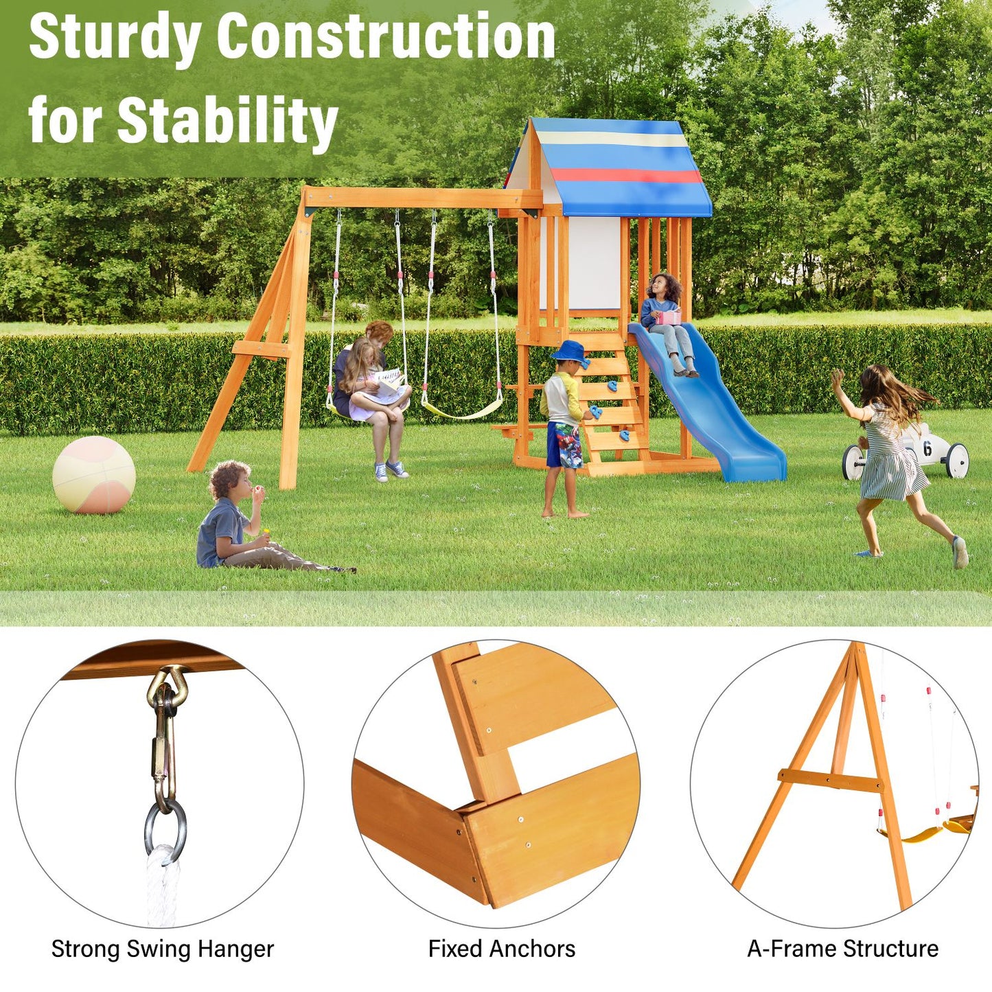 Wooden Outdoor Swing Set 3 in 1 Swing Set outdoor Children's Playset with Slide , 2 Swings and Climber for Garden, Backyard and Playground, Blue - Discount Msrp 