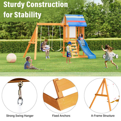 Wooden Outdoor Swing Set 3 in 1 Swing Set outdoor Children's Playset with Slide , 2 Swings and Climber for Garden, Backyard and Playground, Blue - Discount Msrp 