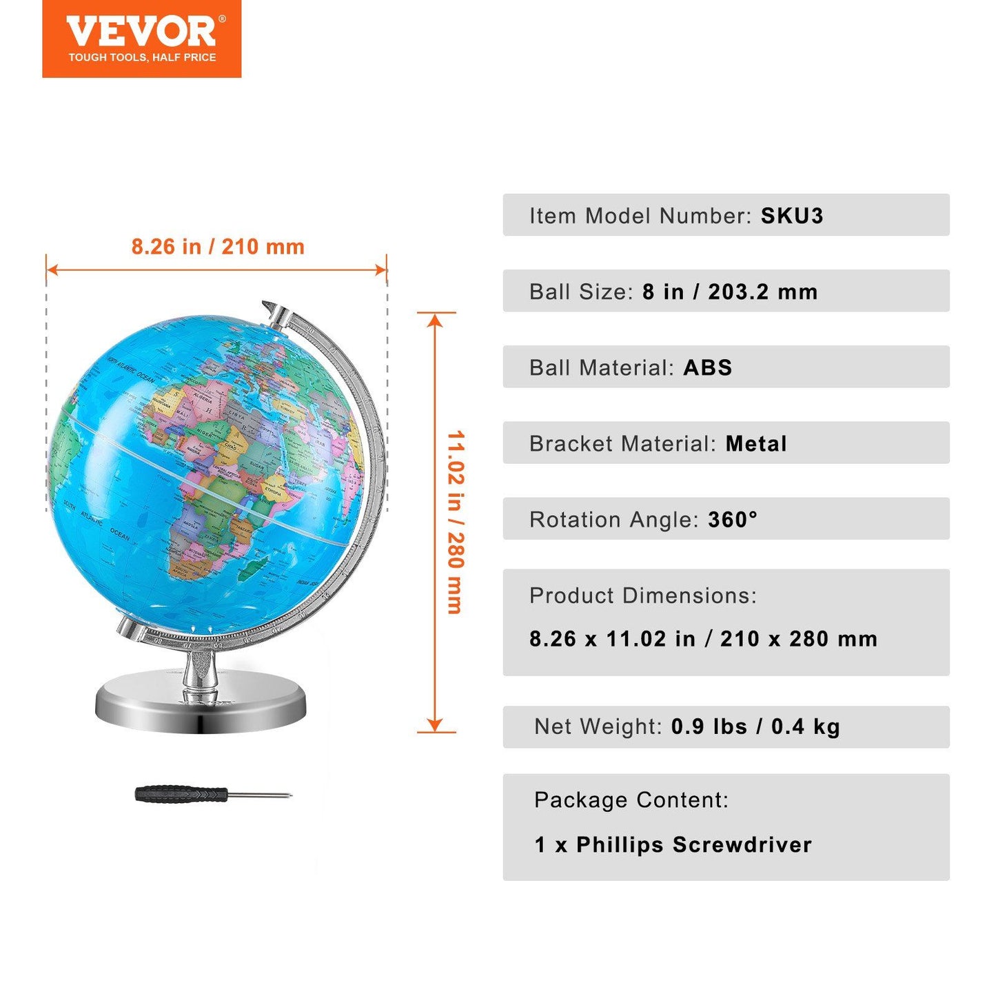 VEVOR Rotating World Globe with Stand, 8 in/203.2 mm, Educational Geographic Globe with Precise Time Zone ABS Material, 360° Spinning Globe for Kids Children Learning Classroom Geography Education - Discount Msrp 