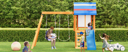 Wooden Outdoor Swing Set 3 in 1 Swing Set outdoor Children's Playset with Slide , 2 Swings and Climber for Garden, Backyard and Playground, Blue - Discount Msrp 