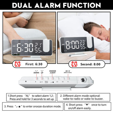 FM Radio LED Digital Smart Alarm Clock Watch Table Electronic Desktop Clocks USB Wake Up Clock with 180° Time Projection Snooze - Discount Msrp 
