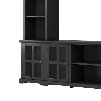 [VIDEO provided] ON-TREND Minimalism Entertainment Wall Unit with Bridge, Modern TV Console Table for TVs Up to 70", Multifunctional TV Stand with Tempered Glass Door, Black (Old SKU: SD000009AAB) - Discount Msrp 