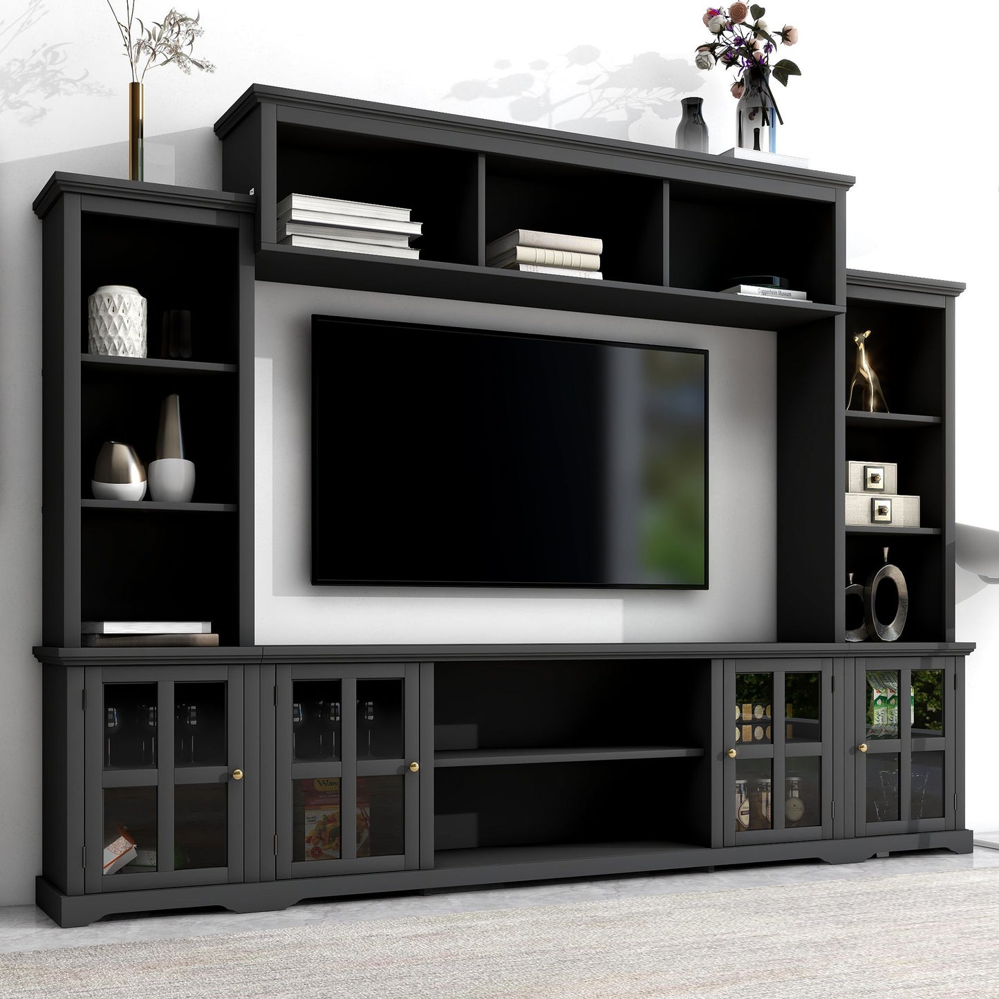 [VIDEO provided] ON-TREND Minimalism Entertainment Wall Unit with Bridge, Modern TV Console Table for TVs Up to 70", Multifunctional TV Stand with Tempered Glass Door, Black (Old SKU: SD000009AAB) - Discount Msrp 