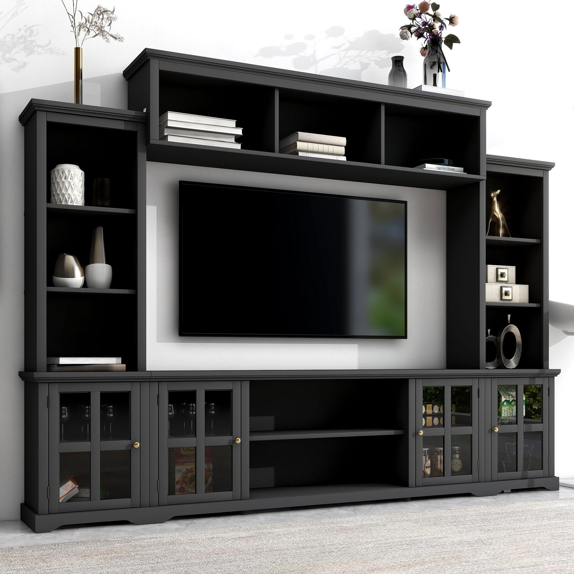[VIDEO provided] ON-TREND Minimalism Entertainment Wall Unit with Bridge, Modern TV Console Table for TVs Up to 70", Multifunctional TV Stand with Tempered Glass Door, Black (Old SKU: SD000009AAB) - Discount Msrp 