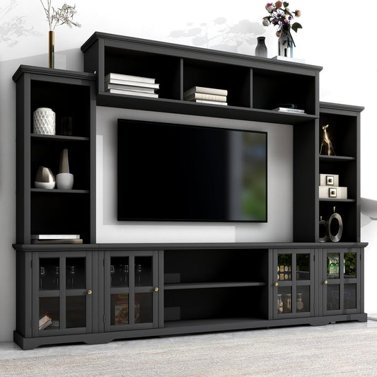 [VIDEO provided] ON-TREND Minimalism Entertainment Wall Unit with Bridge, Modern TV Console Table for TVs Up to 70", Multifunctional TV Stand with Tempered Glass Door, Black (Old SKU: SD000009AAB) - Discount Msrp 