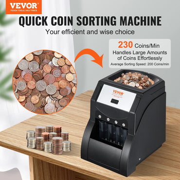 VEVOR USD Coin Sorter, Coin Sorter Machine for USD Coin 1¢ 5¢ 10¢ 25¢, Sorts up to 230 Coins/min, Coin Sorter and Wrapper Machine Holds 200 Coins Included 4 Coin Tubes, Black - Discount Msrp 