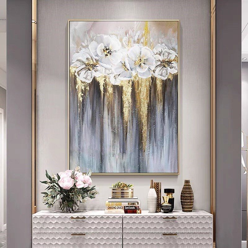 Foil golden flowers hand painted oil painting on canvas abstract large painting wall picture for home office decor - Discount Msrp 