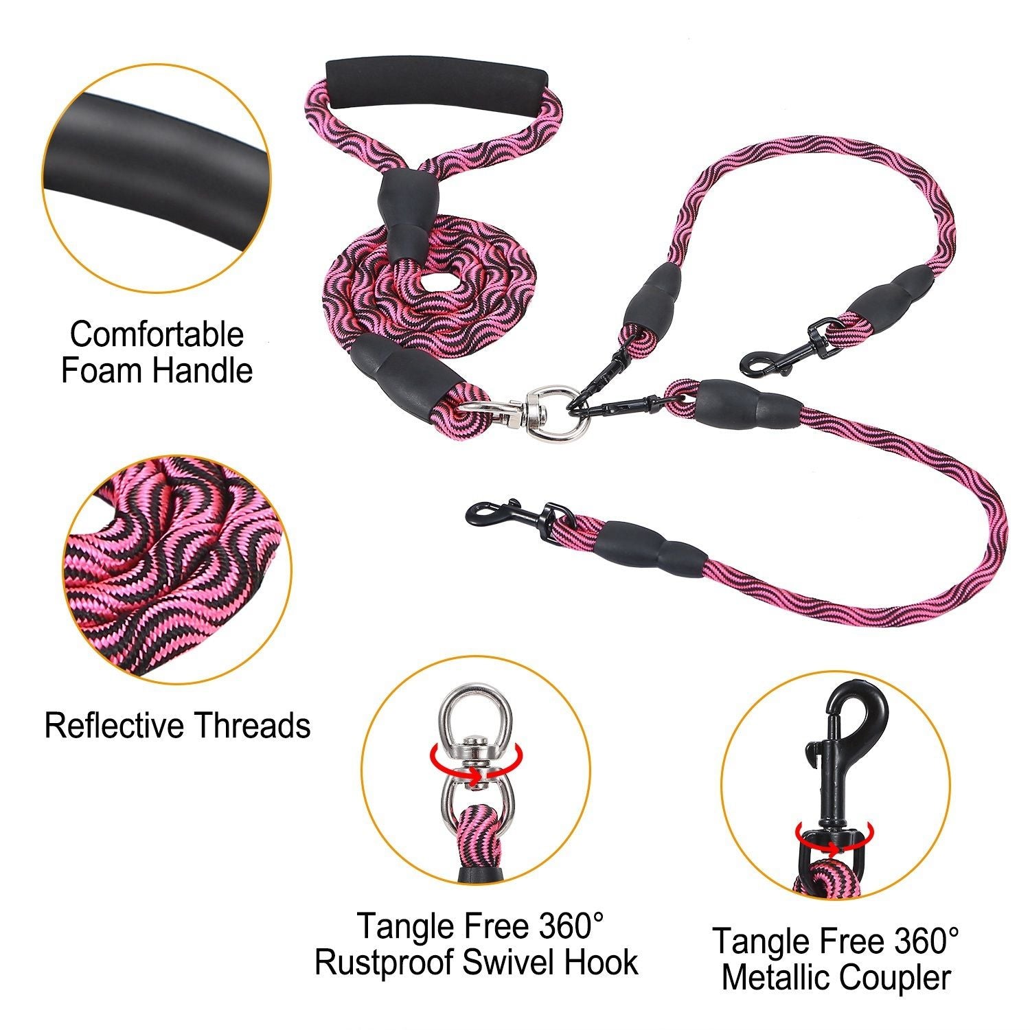 Double Dogs Leash No-Tangle Dogs Lead Reflective Dogs Walking Leash w/ Swivel Coupler Padded Handle - Discount Msrp 