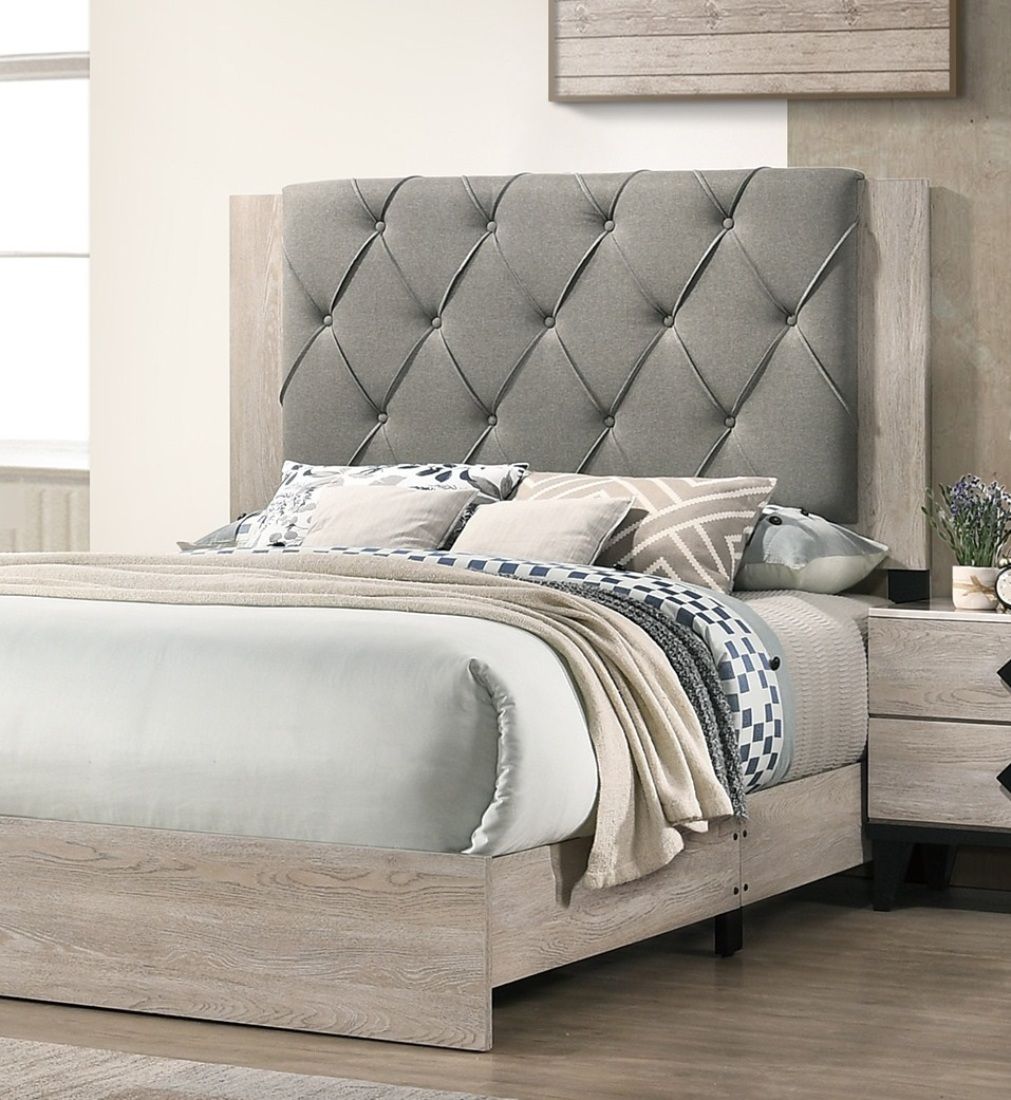 Contemporary 1pc Cream Finish California King Size Bed Bedroom Furniture Gray Tufted Design Headboard Rubberwood 1pc Bedframe - Discount Msrp 