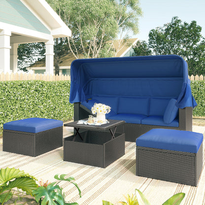 Outdoor Patio Rectangle Daybed with Retractable Canopy, Wicker Furniture Sectional Seating with Washable Cushions, Backyard, Porch - Discount Msrp 