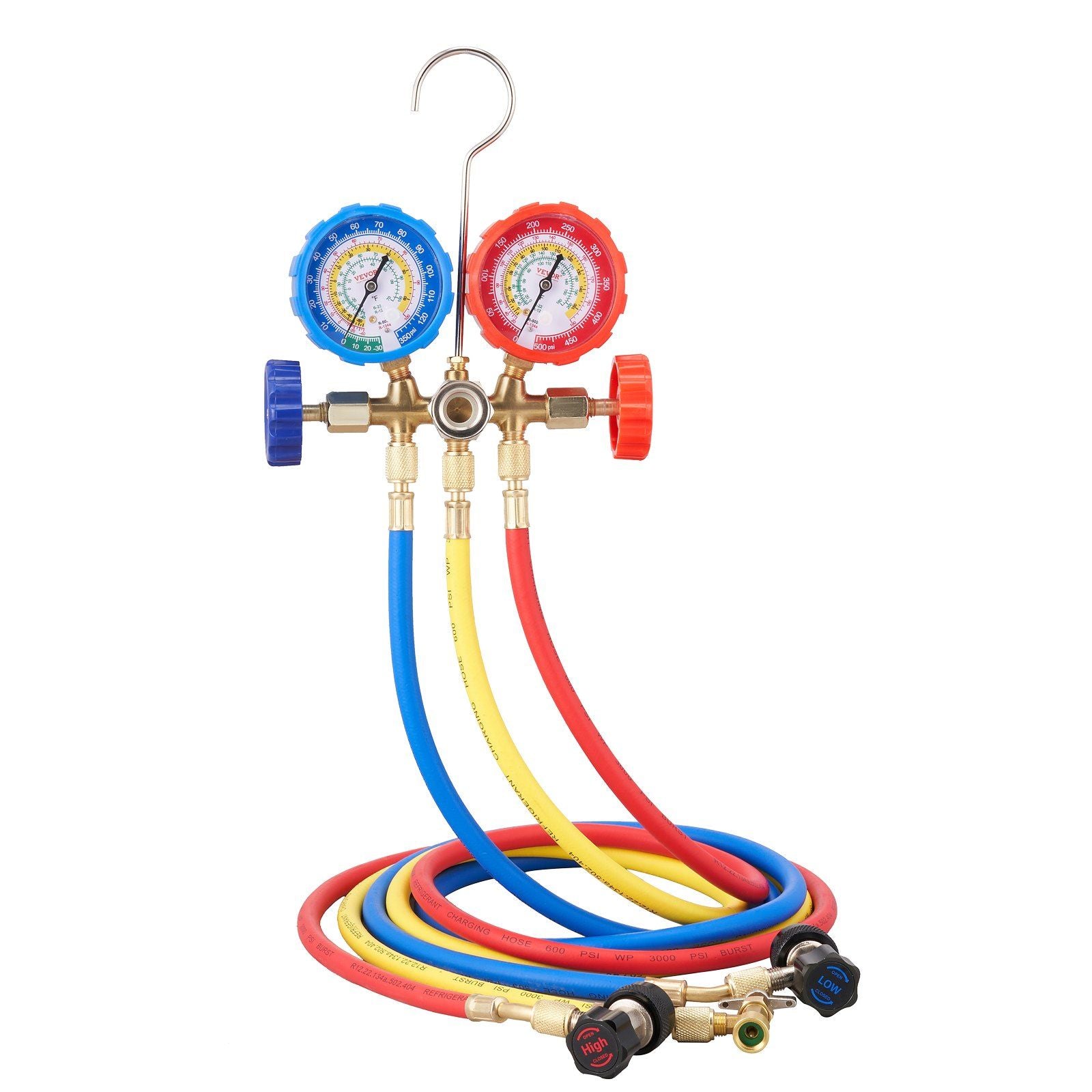 VEVOR AC Gauge Set - 3 Way AC Manifold Gauge Set for R134A R22 R12 R502 Refrigerant, Freon Gauges with 5ft Hoses, Couplers, Can Tap Works on Car Auto Freon Charging and Evacuation - Discount Msrp 