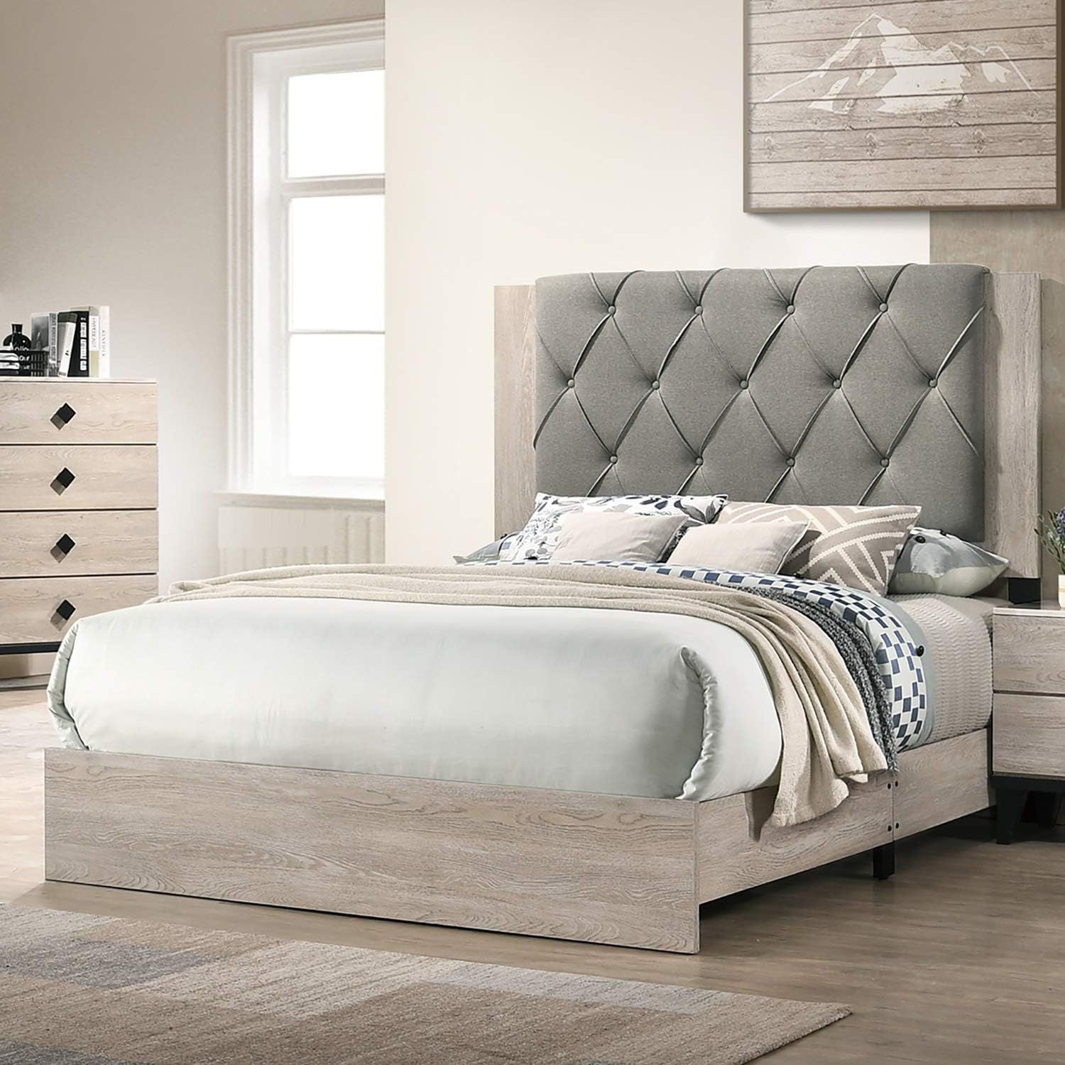 Contemporary 1pc Cream Finish California King Size Bed Bedroom Furniture Gray Tufted Design Headboard Rubberwood 1pc Bedframe - Discount Msrp 