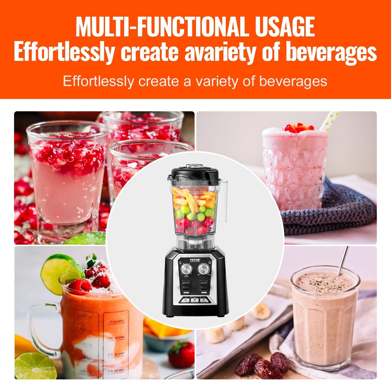 VEVOR Professional Blender, Commercial Countertop Blenders, 68 oz Jar Blender Combo, Stainless Steel 3 Functions Blender, for Frozen Drinks, Shakes, Smoothies, Peree, and Crush Ice, Black - Discount Msrp 