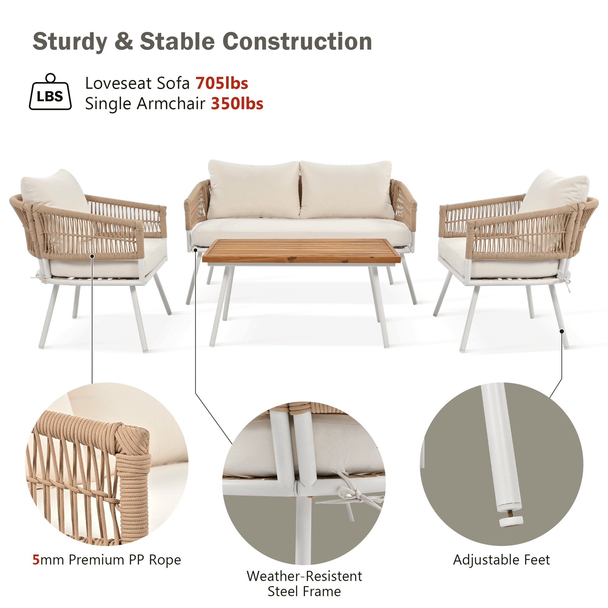 4-Piece Patio Furniture Set, Outdoor Furniture with Acacia Wood Table, Patio Conversation Set with Deep Seating & Thick Cushion for Backyard Porch Balcony - Discount Msrp 