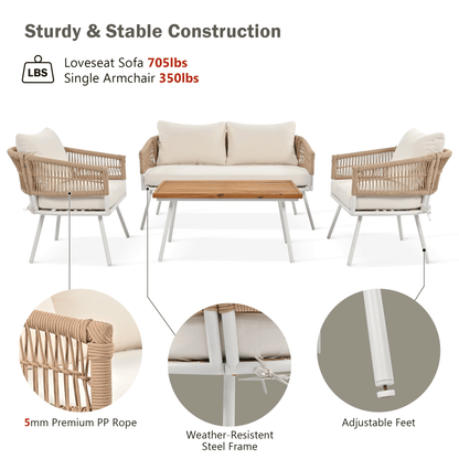 4-Piece Patio Furniture Set, Outdoor Furniture with Acacia Wood Table, Patio Conversation Set with Deep Seating & Thick Cushion for Backyard Porch Balcony - Discount Msrp 