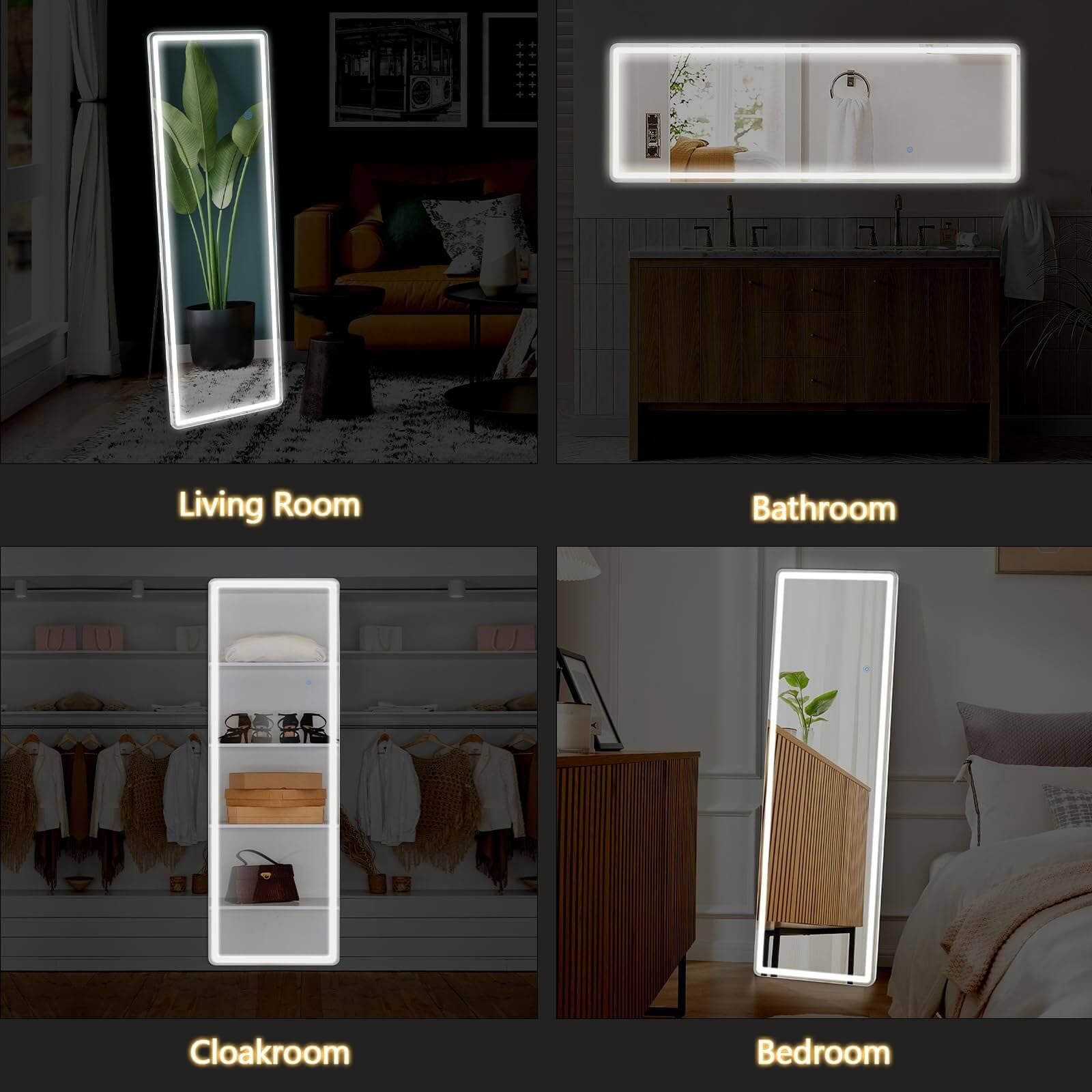 3 Color Lighting Mirror with LED Lights, 64"x21" Lighted Floor Standing Mirror with Stand - Discount Msrp 