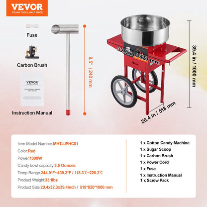 VEVOR Electric Cotton Candy Machine with Cart, 1000W Commercial Candy Floss Maker with Stainless Steel Bowl, Sugar Scoop and Drawer, Perfect for Home, Kids Birthday, Family Party, Red - Discount Msrp 