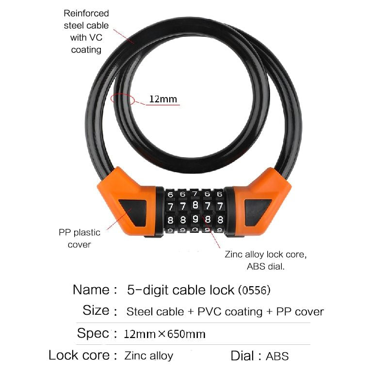 5-digit Combination Lock Bicycle Lock Cable, Anti-theft Bicycle Chain, 5-digit Security Reset Bicycle Password Combination Lock Without Mounting Bracket (black) - Discount Msrp 