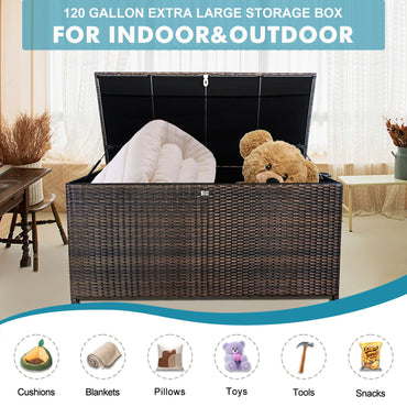 120 Gal. Outdoor Wicker Storage Box Waterproof, Resin Rattan Deck Box for Patio Garden Furniture, Outdoor Cushion Storage - Discount Msrp 