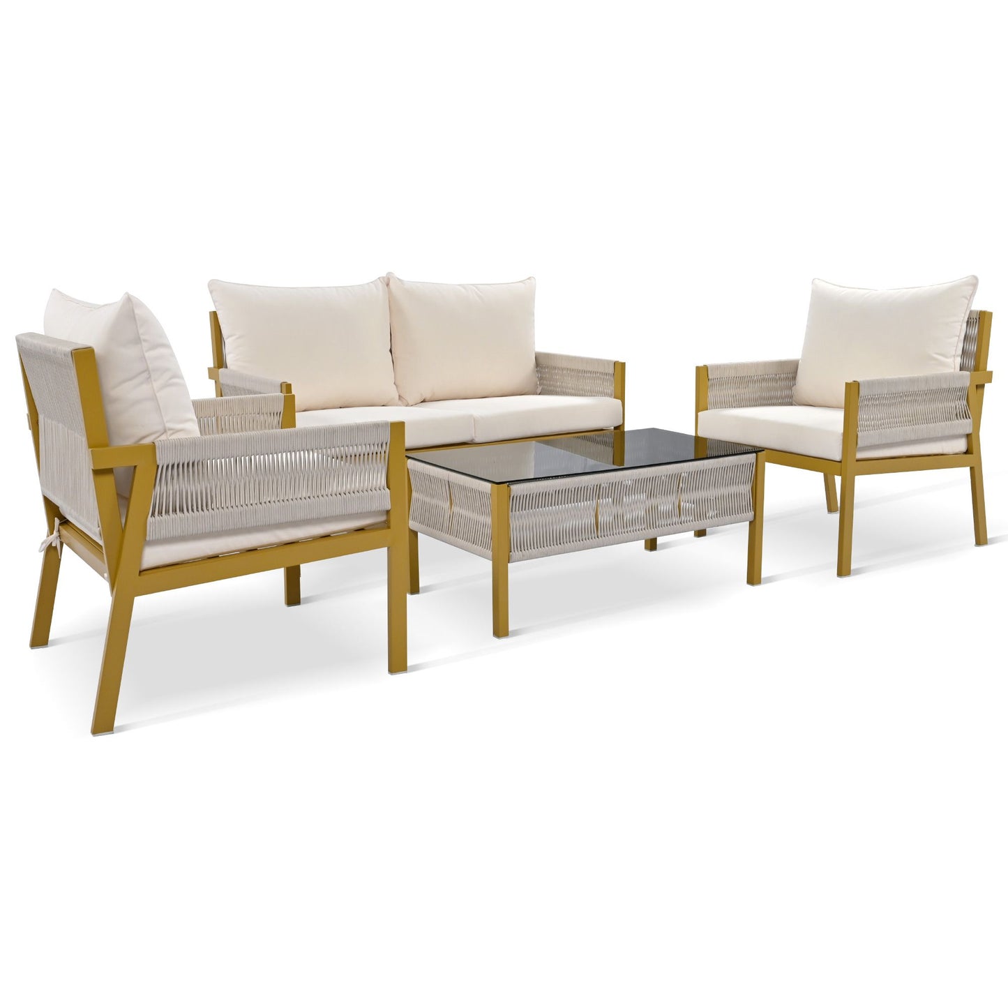 4-Piece Rope Patio Furniture Set, Outdoor Furniture with Tempered Glass Table, Patio Conversation Set Deep Seating with Thick Cushion for Backyard Porch Balcony - Discount Msrp 