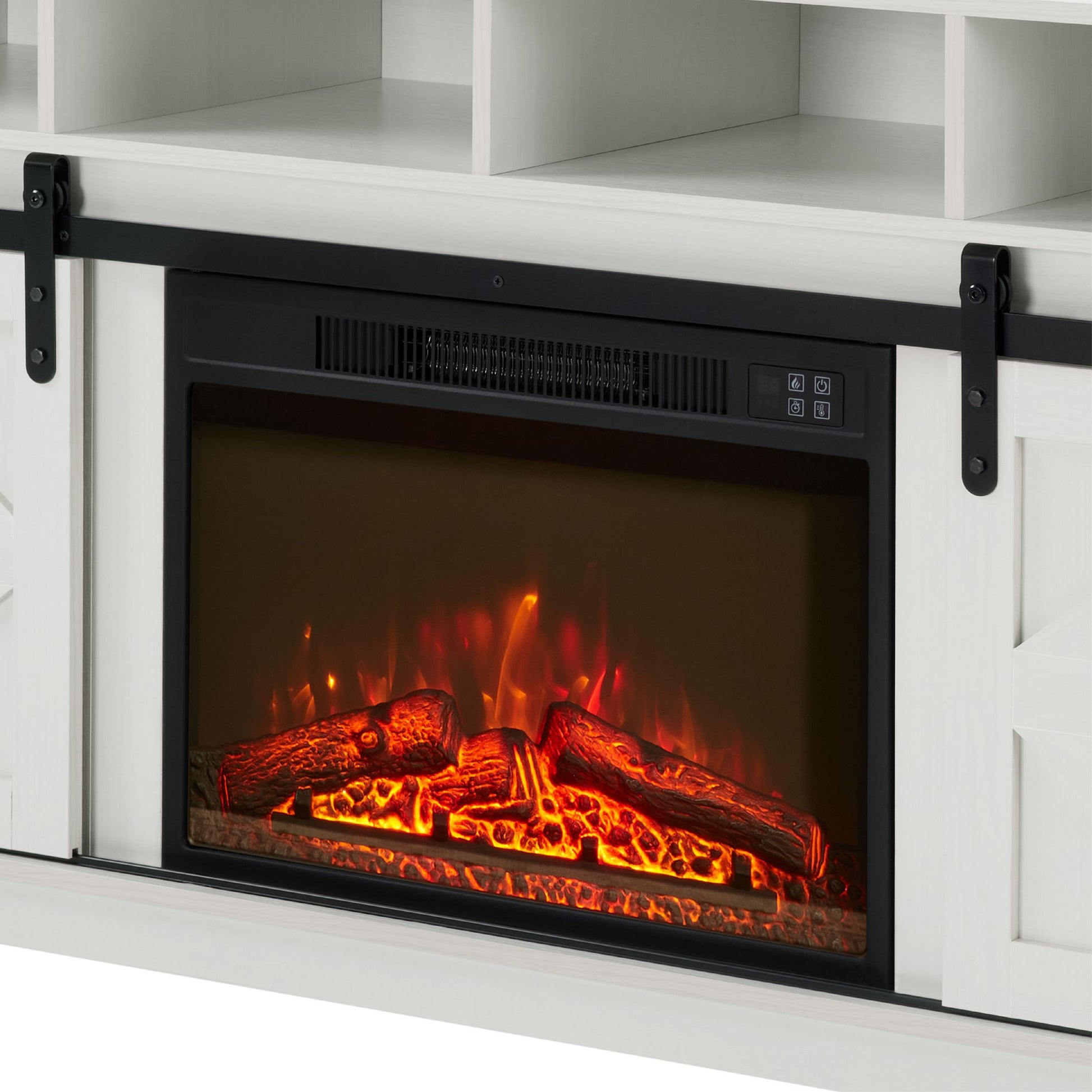 Modern Farmhouse TV Media Stand, Large Barn Inspired Home Entertainment Console, with 23" Fireplace Insert, for TV Up to 65'', with Open Shelves and Closed Cabinets, White - Discount Msrp 