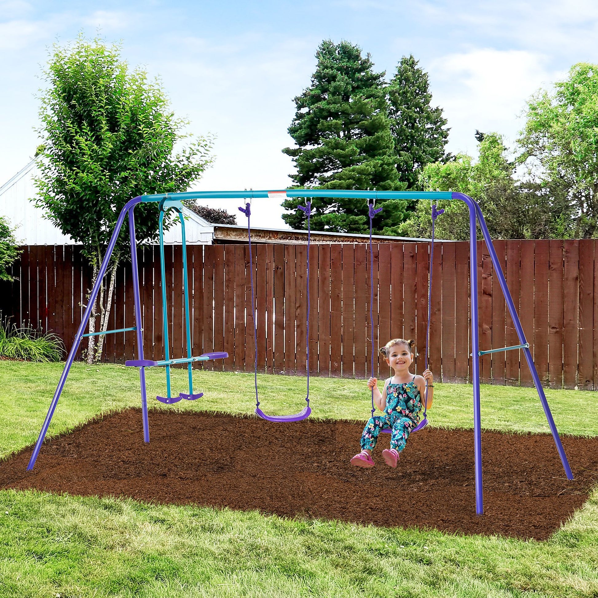 Outsunny Metal Swing Set with Glider, Two Swing Seats and Adjustable Height, Outdoor Heavy Duty A-Frame Suitable for Playground, Backyard, Purple - Discount Msrp 