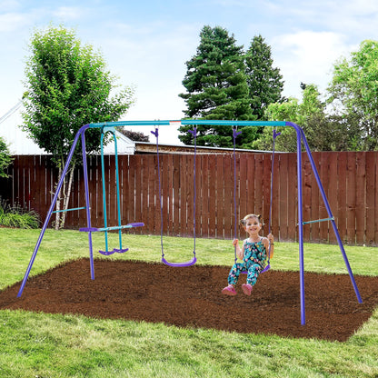 Outsunny Metal Swing Set with Glider, Two Swing Seats and Adjustable Height, Outdoor Heavy Duty A-Frame Suitable for Playground, Backyard, Purple - Discount Msrp 