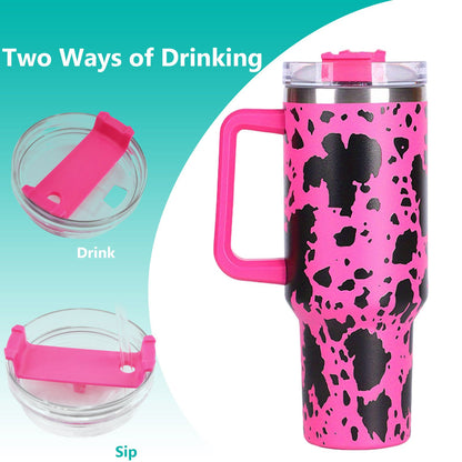 40oz 5D cowprint Insulated Tumbler With Handle And Straw Lid Portable Large Capacity water bottle, Heat preservation,304 Stainless Steel Cup For Outdoor Sports, Travel & Camping Birthday Gift - Discount Msrp 