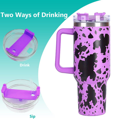 40oz 5D cowprint Insulated Tumbler With Handle And Straw Lid Portable Large Capacity water bottle, Heat preservation,304 Stainless Steel Cup For Outdoor Sports, Travel & Camping Birthday Gift - Discount Msrp 