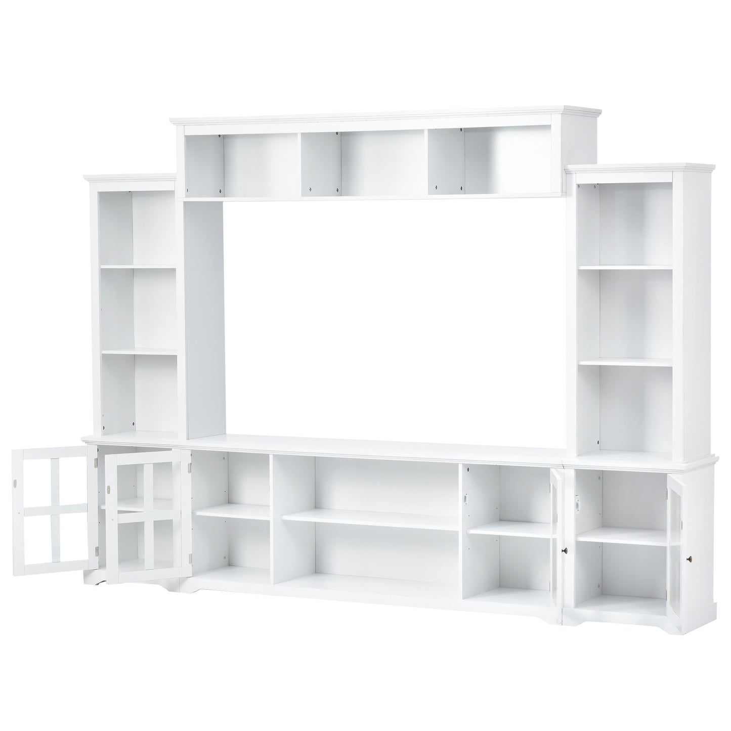 [VIDEO provided] ON-TREND Minimalism Entertainment Wall Unit with Bridge, Modern TV Console Table for TVs Up to 70", Multifunctional TV Stand with Tempered Glass Door, White (Old SKU: SD000009AAK) - Discount Msrp 