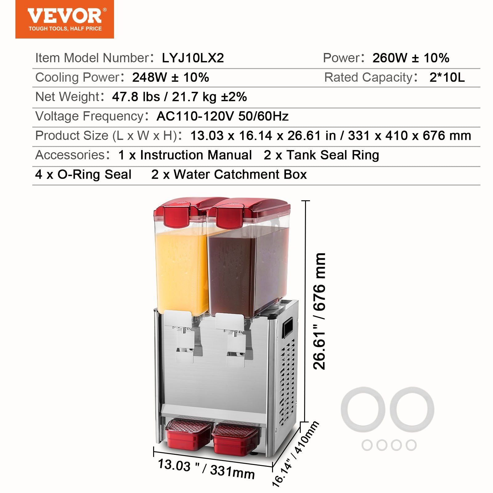 VEVOR Commercial Beverage Dispenser 10L x 2 Tanks Cold Juice Ice Drink Dispenser - Discount Msrp 