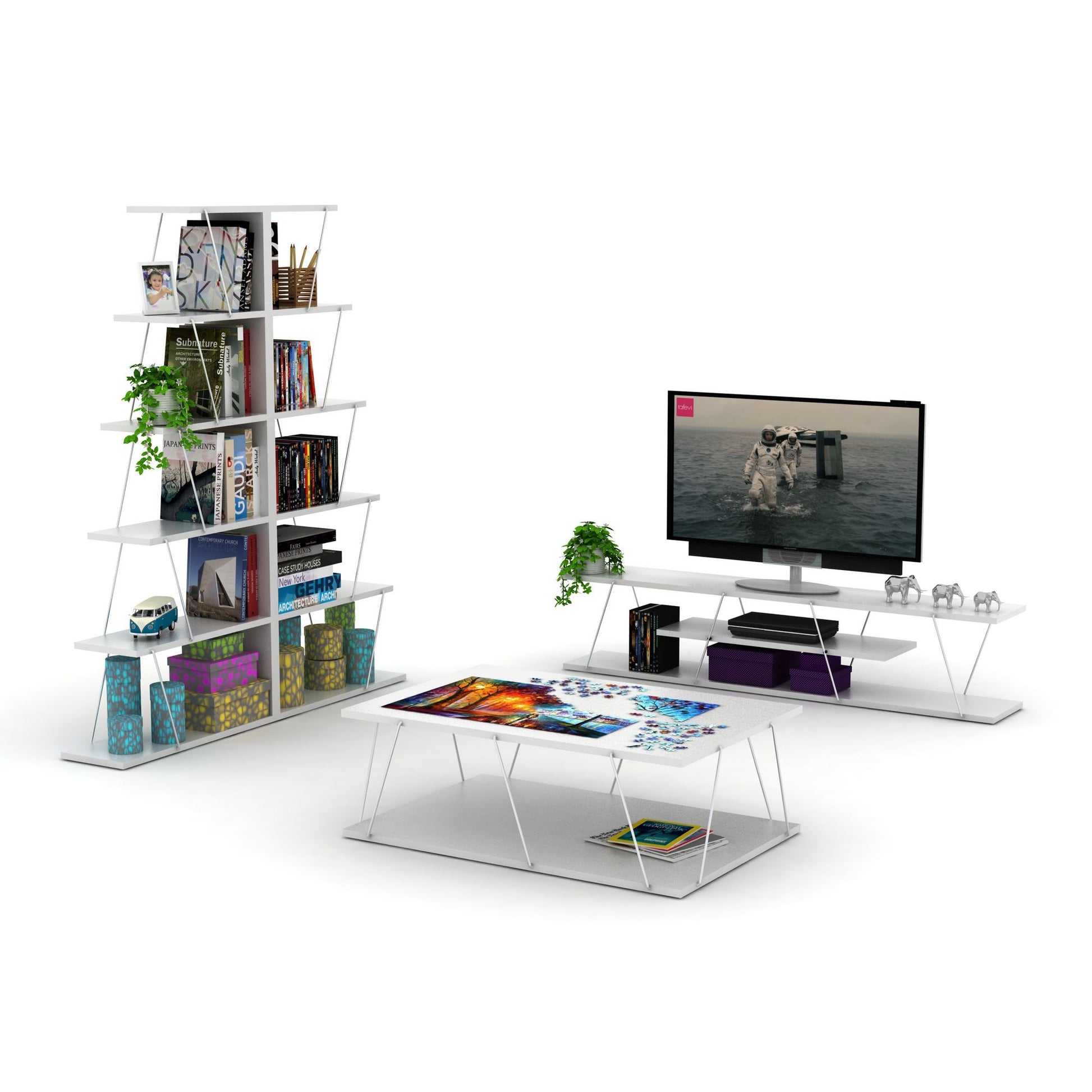 FurnisHome Store Tars Mid Century Modern Tv Stand 4 Shelves Open Storage Metal Cords Entertainment Centre 56 inch Low Tv Unit, White/Chrome - Discount Msrp 