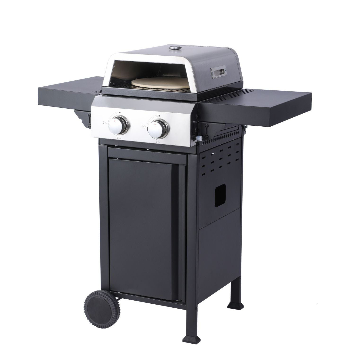 2-Burner Propane Gas BBQ Grill, Pizza Box, 24600BTU Output With Wire Enamel Cooking Grids For Outdoor Barbecue, Foldable Side Table, Hanging Basket, Stainless Steel - Discount Msrp 