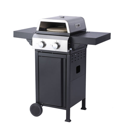 2-Burner Propane Gas BBQ Grill, Pizza Box, 24600BTU Output With Wire Enamel Cooking Grids For Outdoor Barbecue, Foldable Side Table, Hanging Basket, Stainless Steel - Discount Msrp 