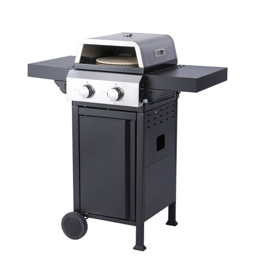 2-Burner Propane Gas BBQ Grill, Pizza Box, 24600BTU Output With Wire Enamel Cooking Grids For Outdoor Barbecue, Foldable Side Table, Hanging Basket, Stainless Steel - Discount Msrp 