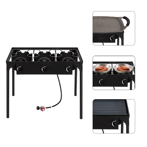 Outdoor Camp Stove High Pressure Propane Gas Cooker Portable Cast Iron Patio Cooking Burner (Three Burner 225000-BTU) - Discount Msrp 