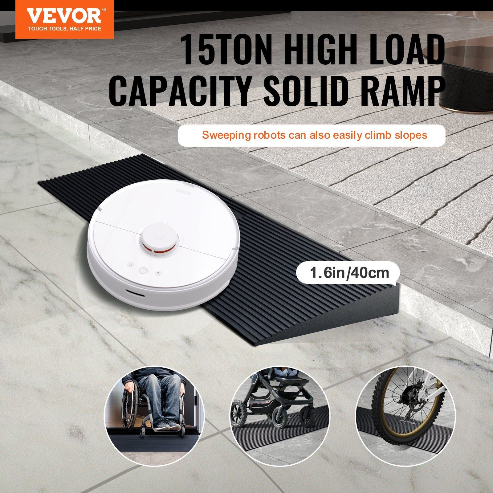 VEVOR Rise Cuttable Threshold Ramp for Sweeping Robot, 35.4" Wide Natural Rubber Wheelchair Ramp, Non-Slip Solid Rubber Ramp with Double-Sided Tape for Doorways, Driveways, Bathroom, Smooth Tile - Discount Msrp 