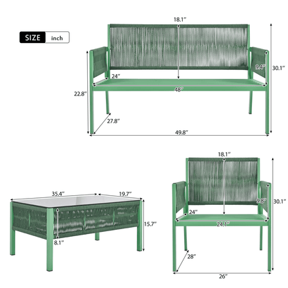 4-Piece Rope Patio Furniture Set, Outdoor Furniture with Tempered Glass Table, Patio Conversation Set Deep Seating with Thick Cushion for Backyard Porch Balcony - Discount Msrp 