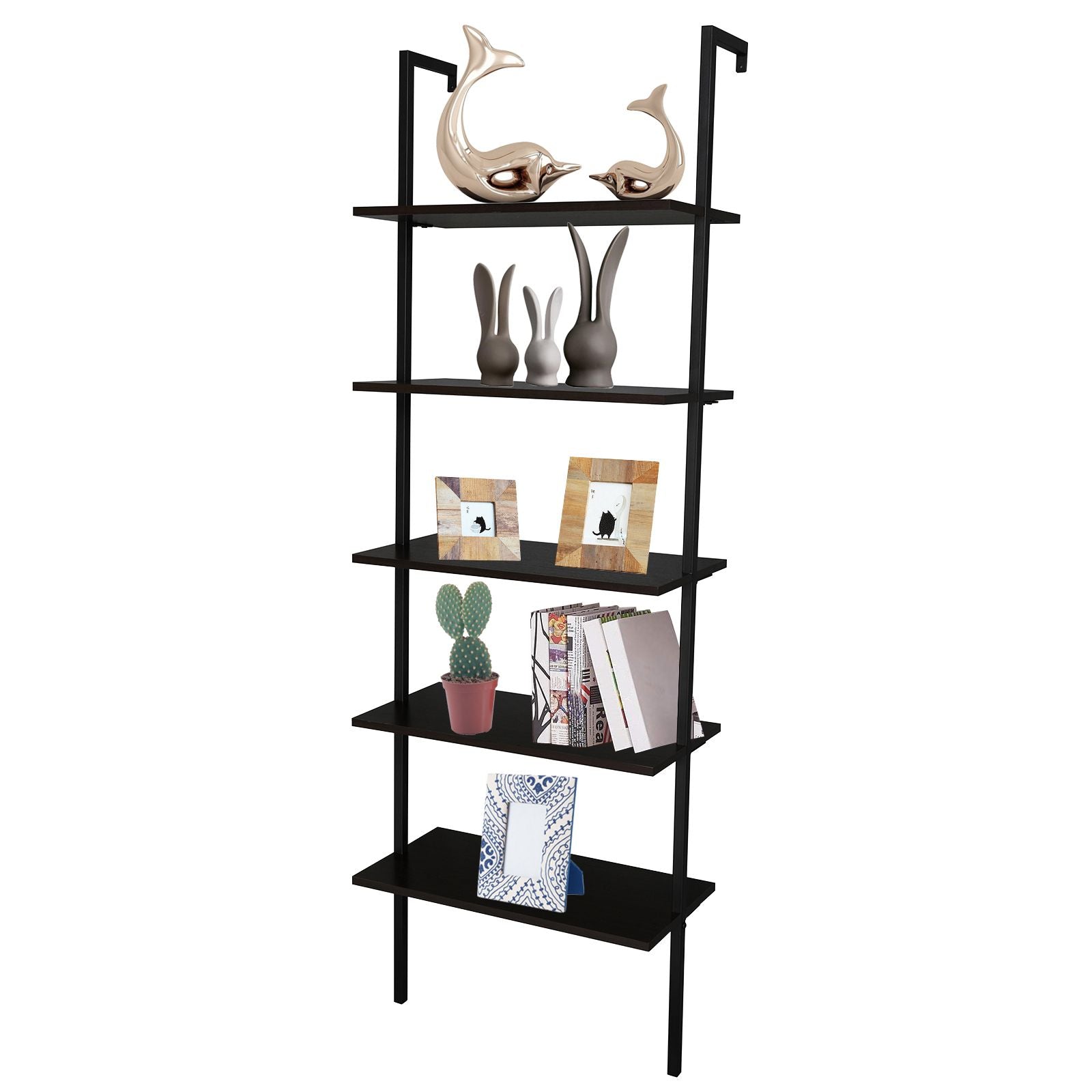 5-Shelf Wood Ladder Bookcase with Metal Frame Industrial 5-Tier Modern Ladder Shelf - Discount Msrp 