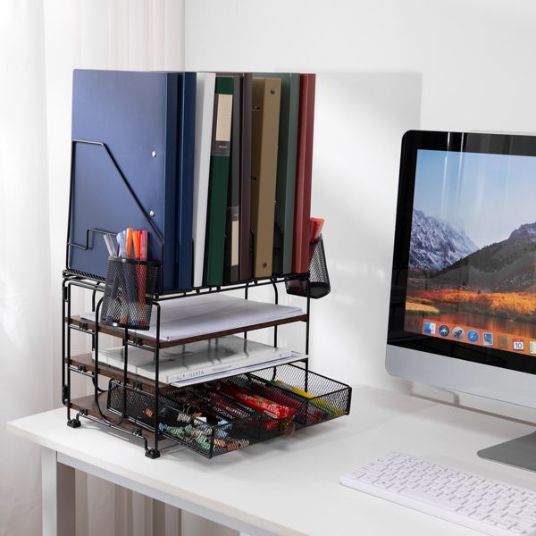 Desktop organizer with file rack, 3-layer paper letter tray organizer with drawers and 2 pen holder, mesh desktop organizer and office supplies storage with magazine rack (black) - Discount Msrp 