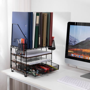 Desktop organizer with file rack, 3-layer paper letter tray organizer with drawers and 2 pen holder, mesh desktop organizer and office supplies storage with magazine rack (black) - Discount Msrp 