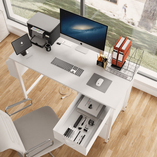 47"office desk with power outlet,3 drawers,Side Pocket, Study Desk Easy to Assemble,Frame stability Reversible for home desk, company computer desk, game table,Vanity table, white - Discount Msrp 